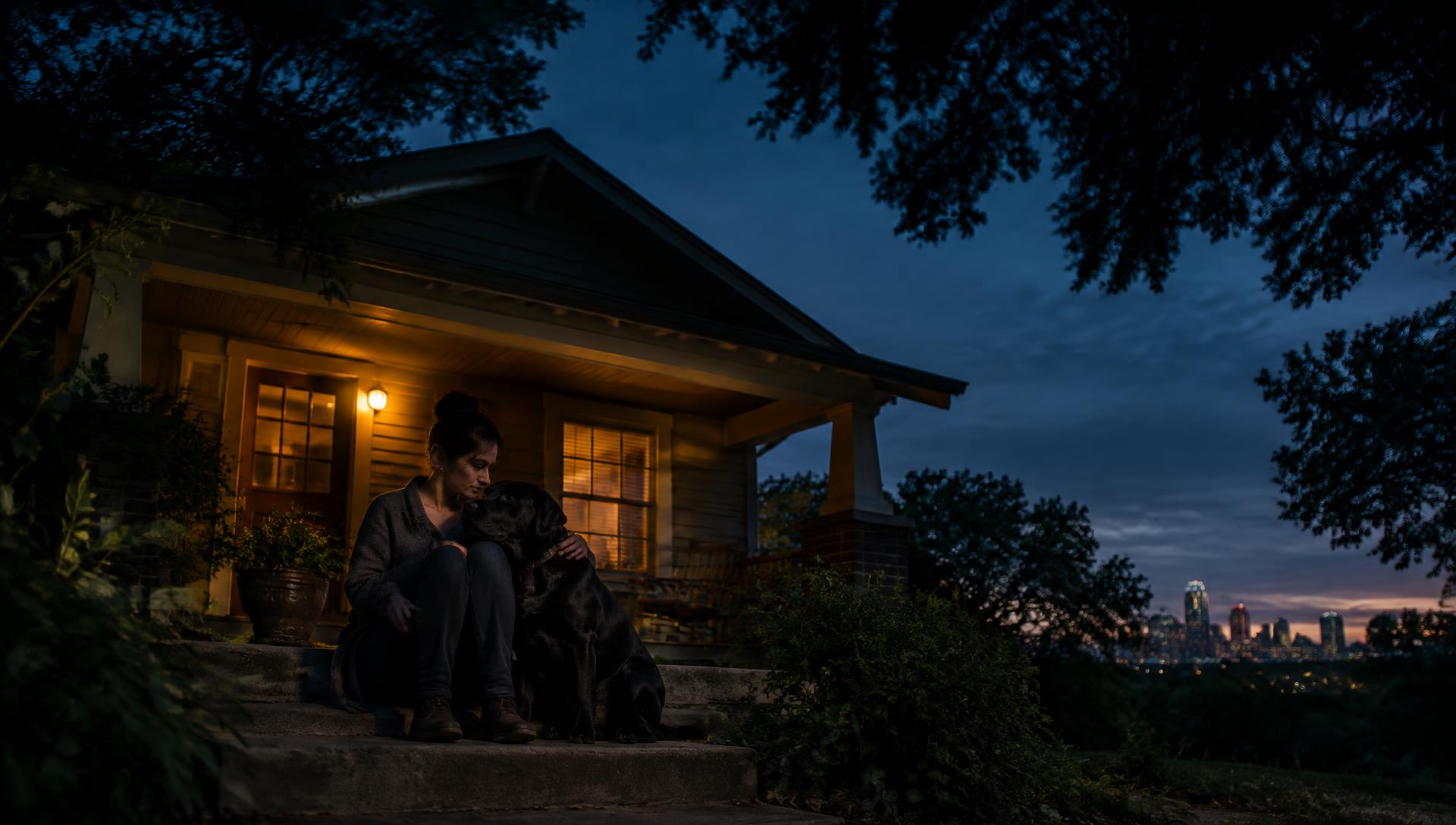An owner and her freshly groomed labrador on their porch at dusk