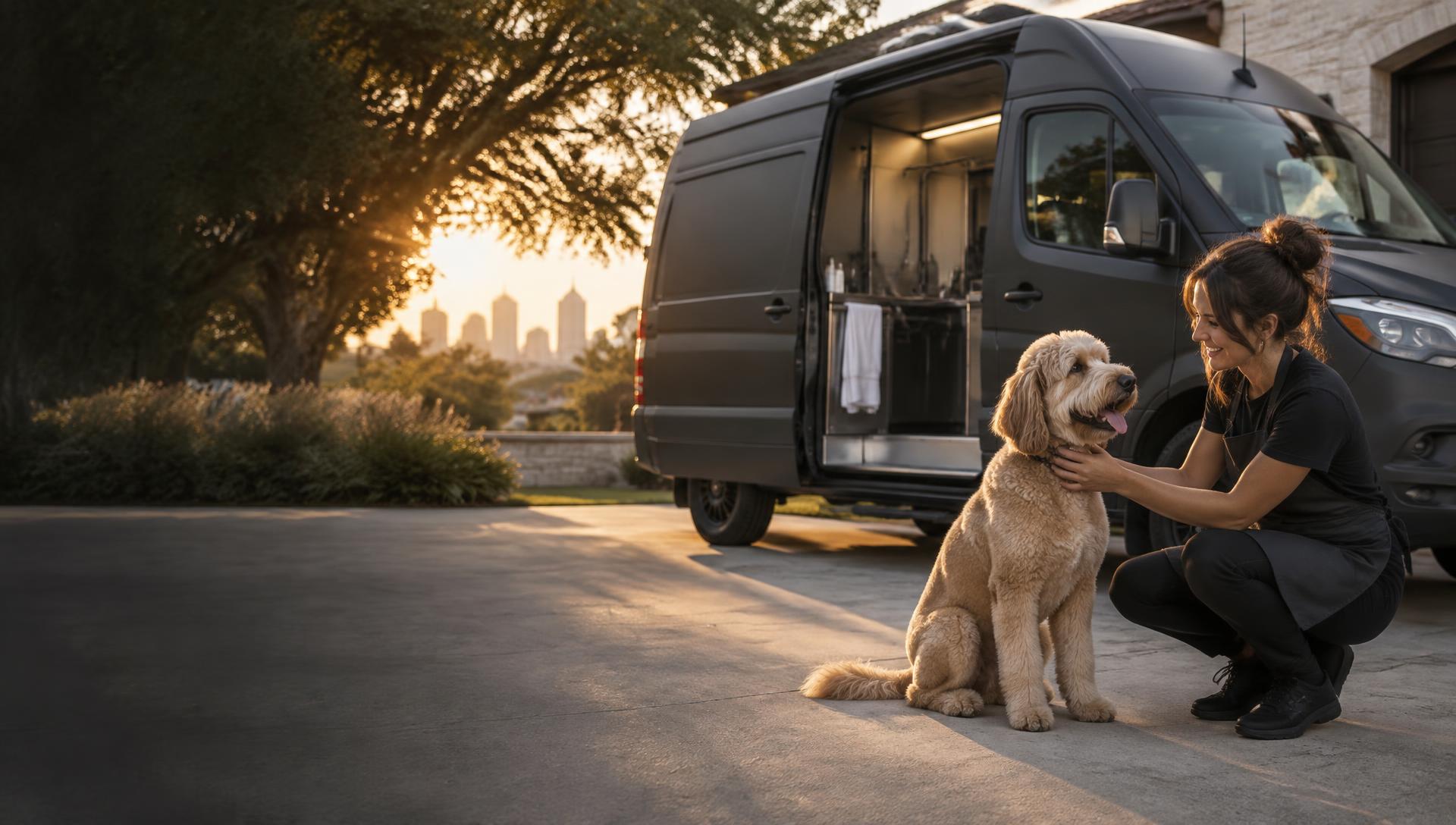 Maya greeting a freshly groomed doodle beside the PawRoute van at golden hour